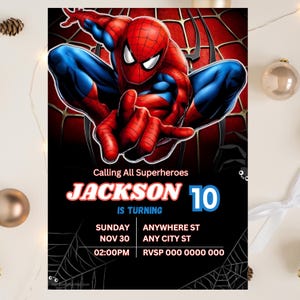 Modello modificabile per invito di compleanno di Spiderman / Modello per invito di compleanno di Spiderman per bambini / Modello per invito di compleanno per bambini immagine 3
