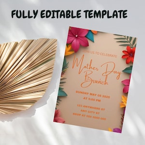 Puede incluir: Una plantilla de invitaci&oacute;n imprimible para un brunch del D&iacute;a de la Madre con tem&aacute;tica tropical. La invitaci&oacute;n presenta flores de papel de colores, hojas de palma y el texto "&Uacute;nete a nosotros para celebrar el brunch del D&iacute;a de la Madre". La invitaci&oacute;n tambi&eacute;n incluye la fecha, la hora y la ubicaci&oacute;n del brunch.