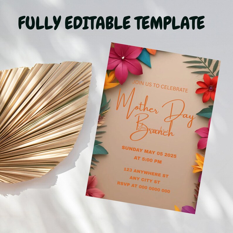Puede incluir: Una plantilla de invitaci&oacute;n imprimible para un brunch del D&iacute;a de la Madre con tem&aacute;tica tropical. La invitaci&oacute;n presenta flores de papel de colores, hojas de palma y el texto "&Uacute;nete a nosotros para celebrar el brunch del D&iacute;a de la Madre". La invitaci&oacute;n tambi&eacute;n incluye la fecha, la hora y la ubicaci&oacute;n del brunch.