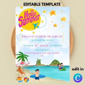 Modèle d'invitation de plage d'été modifiable/Modèle d'invitation de fête d'été à la piscine modifiable/Modèle d'invitation de fête d'été pour enfants