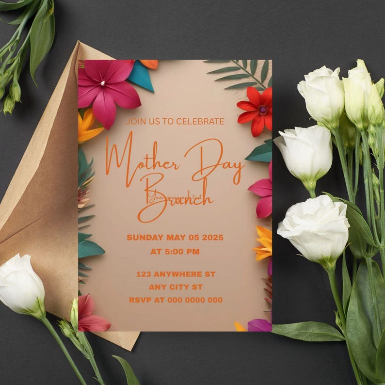 Puede incluir: Una invitaci&oacute;n a un brunch del D&iacute;a de la Madre con un tema tropical. La invitaci&oacute;n presenta flores y hojas de papel de colores sobre un fondo marr&oacute;n. El texto dice "&Uacute;nete a nosotros para celebrar el brunch del D&iacute;a de la Madre, domingo 5 de mayo de 2025 a las 5:00 PM, 123 Anywhere St, Any City St, RSVP al 000 0000 000".