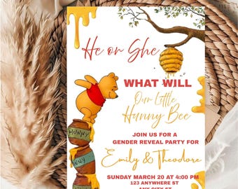 Editable Gender Reveal Invitation Template / He or She Invitation Template  / Its a pooh  Gender reveal Invitation Template