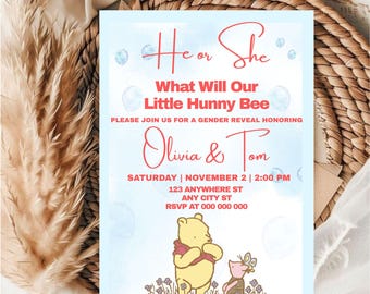 Editable Winnie the Pooh Gender Reveal Invitation Template / Editable Gender Reveal Invitation Template / He or She Gender Reveal Invitation