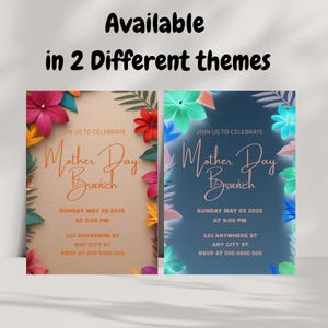 Puede incluir: Dos plantillas de invitaci&oacute;n para un brunch del D&iacute;a de la Madre con dise&ntilde;os florales. La primera plantilla tiene un fondo marr&oacute;n claro con flores rosas, naranjas y amarillas. La segunda plantilla tiene un fondo azul con flores azul claro, rosas y verdes. Ambas plantillas tienen el texto "JOIN US TO CELEBRATE Mother Day Brunch" e incluyen la fecha, la hora, la direcci&oacute;n y la informaci&oacute;n de RSVP.