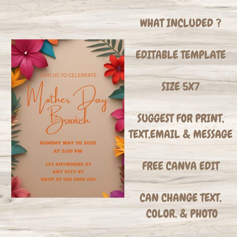 Puede incluir: Una invitaci&oacute;n imprimible para un brunch del D&iacute;a de la Madre con un dise&ntilde;o floral. La invitaci&oacute;n mide 12,7 x 17,8 cm e incluye el texto "Join us to celebrate Mother Day Brunch" y los detalles del evento. La invitaci&oacute;n es editable y se puede usar para imprimir, enviar por correo electr&oacute;nico o mensajes de texto.