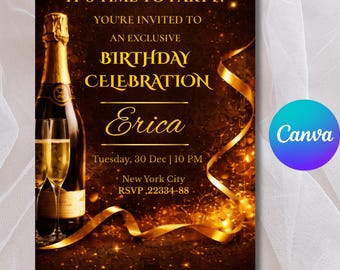 Elegante plantilla de invitación de cumpleaños dorada / Invitación de fiesta de lujo en negro y dorado / Tarjeta imprimible editable de Canva