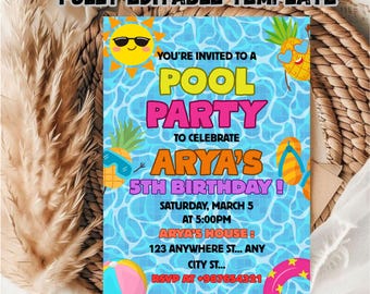 May include: A pool party invitation with a blue water background, featuring a sun wearing sunglasses and pineapples with sunglasses. The invitation text reads "POOL PARTY" to celebrate "ARYA'S 5TH BIRTHDAY!" with date, time, and RSVP information.