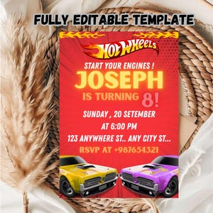 Plantilla editable de invitación de cumpleaños de Hot Wheel / Plantilla de invitación de cumpleaños de coche de carreras para niños / Plantilla de invitación de cumpleaños para niños