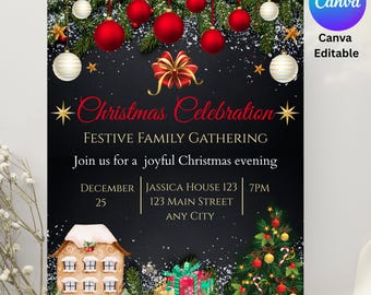May include: A festive Christmas Celebration invitation with a black background, adorned with red and white ornaments, a Christmas tree, and a gingerbread house. The invitation includes the text "Christmas Celebration" and event details.