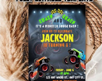 Bewerkbare sjabloon voor verjaardagsuitnodiging Monster Truck / Sjabloon verjaardagsuitnodiging Monster Truck / bewerkbare verjaardagsuitnodiging voor kinderen