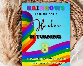 Editable Rainbow birthday Invitation Template / kids Favorite Multi Color Rainbow Birthday Invitation Template / Birthday Invitation