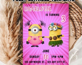Modello modificabile per invito di compleanno Minion per bambine / Modello di invito di compleanno Minion per bambine e bambini / Invito di compleanno modificabile