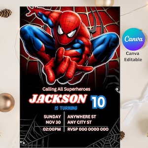 Modello modificabile per invito di compleanno di Spiderman / Modello per invito di compleanno di Spiderman per bambini / Modello per invito di compleanno per bambini immagine 1