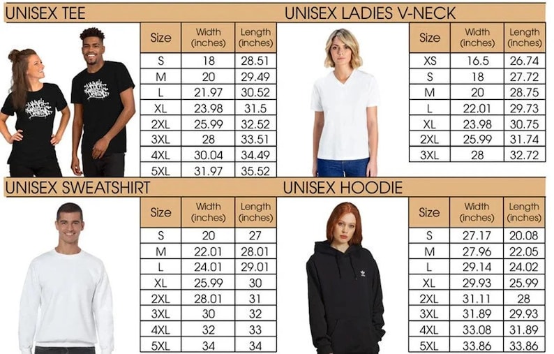 May include: Size charts for unisex tees, sweatshirts, ladies' V-necks, and hoodies are shown. The charts display sizes S-5XL with width and length measurements in inches. Models are shown wearing the apparel.