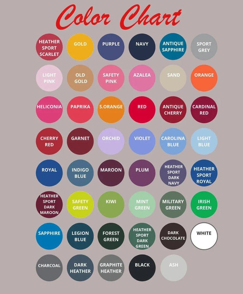 May include: A colour chart displaying numerous colour swatches, each identified by a colour name. The chart features hues such as "Heather Sport Scarlet," "Gold," "Purple," and "Navy." The title "Color Chart" is written in red script.