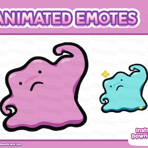 May include: Animated emotes featuring two cartoonish, blob-like characters. One is pink, the other is blue with a sparkling effect. Both have a sad expression. The text "ANIMATED EMOTES" is at the top, with "Instant Download" at the bottom.
