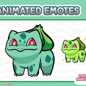 May include: Digital illustration of a light green creature with a dark green bulb on its back, red eyes, and dark green spots. The image features the text ANIMATED EMOTES, EMOTBOUTIK, and INSTANT DOWNLOAD, along with icons for Twitch, Discord, and YouTube.