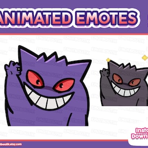Può includere: Emoticon digitali animate raffiguranti una creatura viola con capelli a punta, occhi rossi e un ampio sorriso sdentato. Il personaggio saluta con una mano. La grafica include il testo ANIMATED EMOTES in alto e Instant Download in basso.