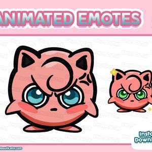 Puede incluir: Emoticones animados rosas con un personaje de dibujos animados enfadado con ojos azules y un remolino en la cabeza. La imagen incluye el texto "ANIMATED EMOTES" y "Instant Download" sobre un fondo rosa.
