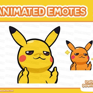 Op de afbeelding: Twee digitale geanimeerde emotes met een geel wezen met lange oren, zwarte oortoppen en rode wangen. Het wezen heeft een zelfvoldane uitdrukking en steekt beide middelvingers op. Tekst ANIMATED EMOTES en INSTANT DOWNLOAD zijn zichtbaar.