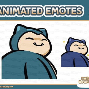May include: A digital graphic featuring the text ANIMATED EMOTES at the top and Instant Download at the bottom. The central illustration depicts a blue and cream-coloured creature with closed eyes and a small smile, shown in two sizes.