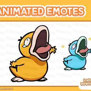 Puede incluir: Dos ilustraciones digitales de una criatura similar a un pato con el pico abierto y la lengua fuera. Una figura es amarilla con una lágrima, y la más pequeña es azul con una estrella amarilla. El texto dice ANIMATED EMOTES.