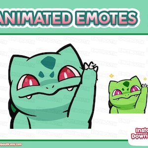 May include: A digital illustration of a light green creature with red eyes and a dark green bulb on its back, waving one hand. The character has a small white tooth visible and is presented in two sizes against a light green background with the text ANIMATED EMOTES.
