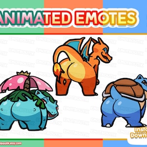Puede incluir: Emoticones animados con tres personajes de dibujos animados: una criatura azul y verde con un paraguas rosa, un dragón naranja y una tortuga azul. El texto "ANIMATED EMOTES" está en la parte superior. "Instant Download" está en la parte inferior.