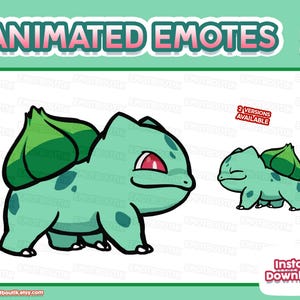 May include: Digital animated emotes featuring a light green creature with a dark green bulb on its back. The creature has red eyes, dark green spots, and a thick black outline. The text reads ANIMATED EMOTES, 2 VERSIONS AVAILABLE, and Instant Download.