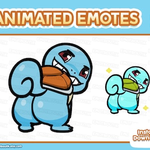 Może przedstawiać: Animowane emotikony przedstawiające niebieską postać z kreskówki z brązową skorupą i zdeterminowanym wyrazem twarzy. Tekst „ANIMATED EMOTES” znajduje się na górze. Słowa „Instant Download” znajdują się na dole.