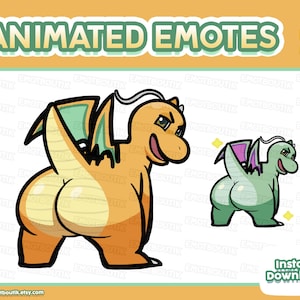 May include: Animated emotes featuring two cartoon dragons. One is orange with black outlines and green wings, the other is green with purple wings. The text "ANIMATED EMOTES" is at the top. The image also includes the text "Instant Download" and a website address.