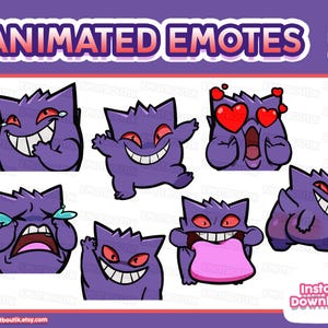 Puede incluir: Una colección de siete emoticonos digitales de un personaje fantasmal morado con varias expresiones, incluyendo risa, llanto, ojos de corazón y lengua fuera. El texto ANIMATED EMOTES aparece en la parte superior y Instant Download en la inferior.