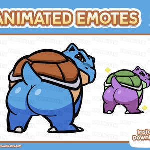 Könnte beinhalten: Animierte Emotes mit zwei Cartoon-Schildkrötenfiguren. Eine ist blau mit einem braunen Panzer, die andere ist lila mit einem grünen Panzer. Der Text "ANIMATED EMOTES" steht oben. Die Worte "Instant Download" stehen unten.