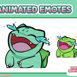 May include: A digital illustration of a green creature with a bulb on its back, laughing with tears streaming from its eyes. The text ANIMATED EMOTES appears at the top, with small icons for Twitch, Discord, and YouTube. The text Instant Download is in the bottom right corner.