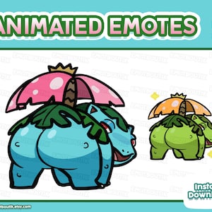 May include: Animated emotes featuring a blue and green cartoon character with a pink and green umbrella-like structure on its back. The text "ANIMATED EMOTES" is at the top. The image includes the text "Instant Download" and a website address.