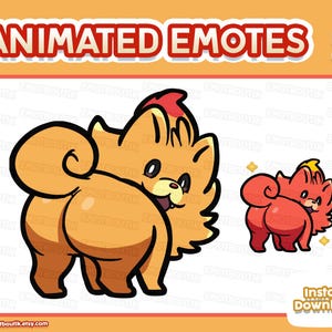 May include: Animated emotes of a cartoon dog in orange and red. The dog is shown in two sizes, a large one and a smaller one. The text "ANIMATED EMOTES" is at the top, and "Instant Download" is at the bottom of the image.