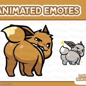 Puede incluir: Emoticones animados con una criatura de dibujos animados marrón y gris con una expresión traviesa. La imagen incluye el texto "ANIMATED EMOTES" e "Instant Download". También es visible la URL de la tienda Etsy.