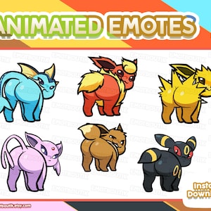Könnte beinhalten: Ein digitaler Download mit sechs animierten Emotes von Cartoon-Kreaturen in verschiedenen Farben. Die Emotes umfassen eine blaue, rote, gelbe, lila, braune und schwarze Kreatur. Der Text "ANIMATED EMOTES" steht oben.