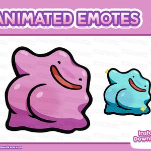 Peut inclure: Emotes animés représentant deux personnages de dessins animés. L'un est une grosse goutte rose avec un contour noir et une bouche rouge souriante. L'autre est une version bleue plus petite du même personnage. Le texte "ANIMATED EMOTES" est en haut.