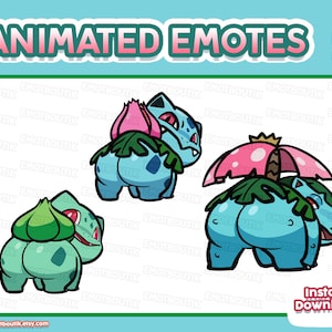 May include: Three digital animated emotes featuring light blue, quadrupedal creatures with plant-like features on their backs. The characters display varying stages of floral growth, including a green bulb, a pink bud, and a large pink flower.