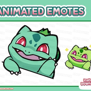 May include: A digital illustration of a green creature with red eyes and a plant bulb on its back, shown in two sizes. The text ANIMATED EMOTES appears at the top, with the text Instant Download in the bottom right corner and Emotboutik at the bottom.