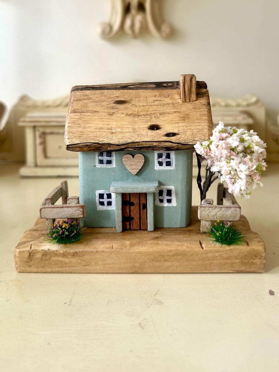 Handcrafted Driftwood Cottage: Sage Green Miniature Welsh Art - Etsy