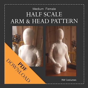May include: A PDF download for a half-scale arm and head pattern for sewing. The pattern is for a medium size. The image shows two fabric mannequins with the pattern pieces sewn together.