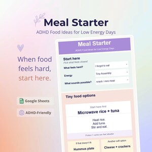Puede incluir: Una plantilla de planificador de comidas digital titulada Meal Starter ADHD Food Ideas for Low Energy Days. La interfaz presenta menús desplegables para seleccionar niveles de energía y preferencias alimentarias, con opciones de comidas pequeñas como arroz y atún.