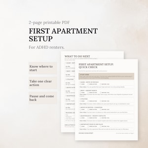 First Apartment Checklist for ADHD Renters | Lease, Utilities & Move-In Admin | 2-Page Printable PDF