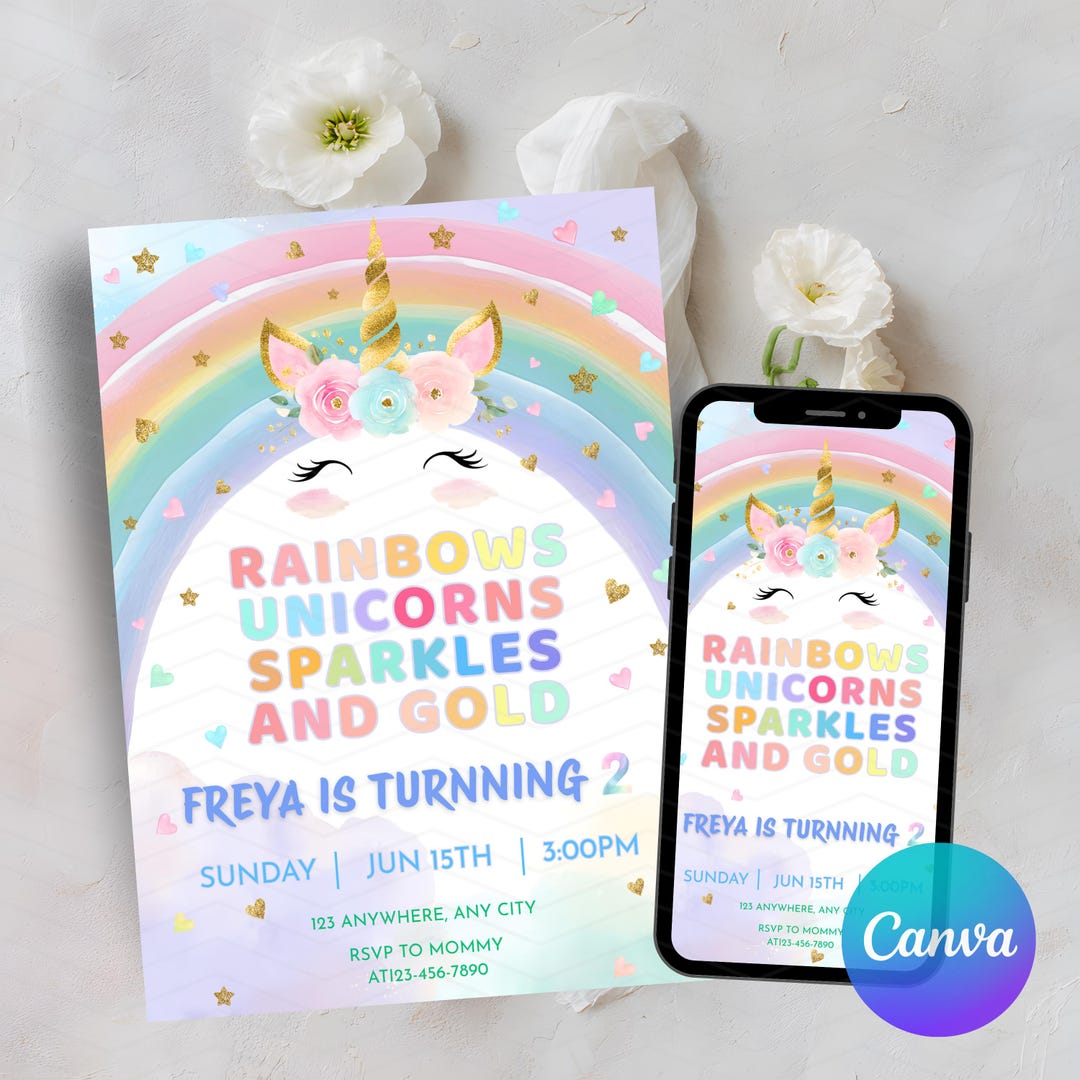 Editable Unicorn Rainbow Birthday Invitation Personalized Printable ...