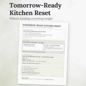 May include: A white printed checklist titled Tomorrow-Ready Kitchen Reset with black text. The document outlines four steps for kitchen organization, including overnight rescue, sink goals, clearing a workspace, and closing the kitchen area.