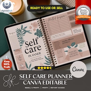 Self Care Planner MRR PLR | Digital Journal and Wellness Tracker | Canva Editable | Sell As Your Own | Mental Health and Gratitude Planner