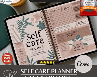Planejador de autocuidado MRR PLR | Diário digital e rastreador de bem-estar | Canva editável | Venda como seu | Planejador de saúde mental e gratidão