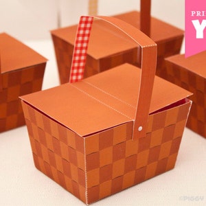 Picnic Basket Favor Box : Full-Color Digital Template Print at Home DIY Printable Faux Wood Gift Box Digital File Instant Download image 1